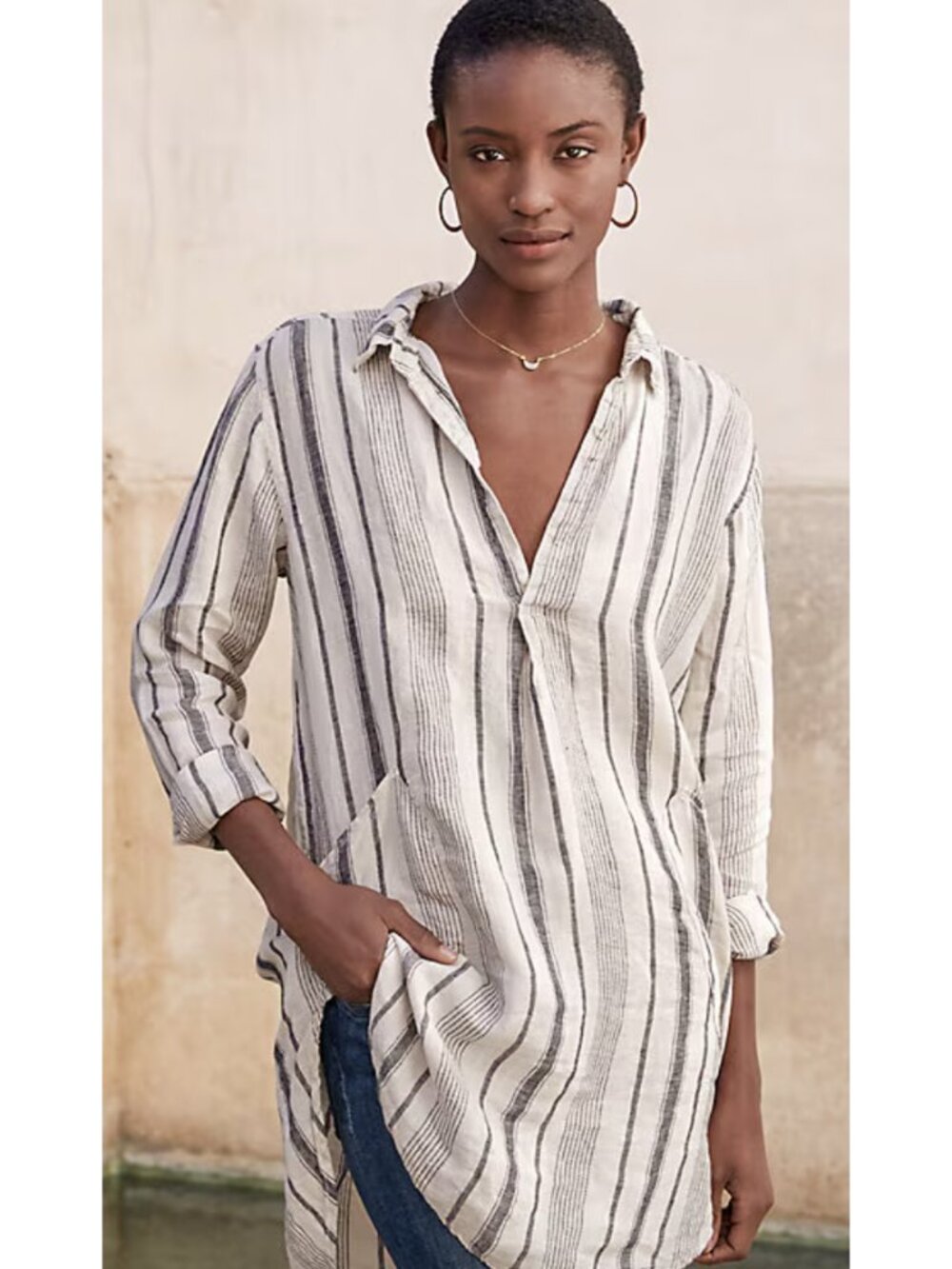 CP SHADES 100% Linen Teton Tunic Top Blue Stripe Small Lagenlook Coastal Neutral